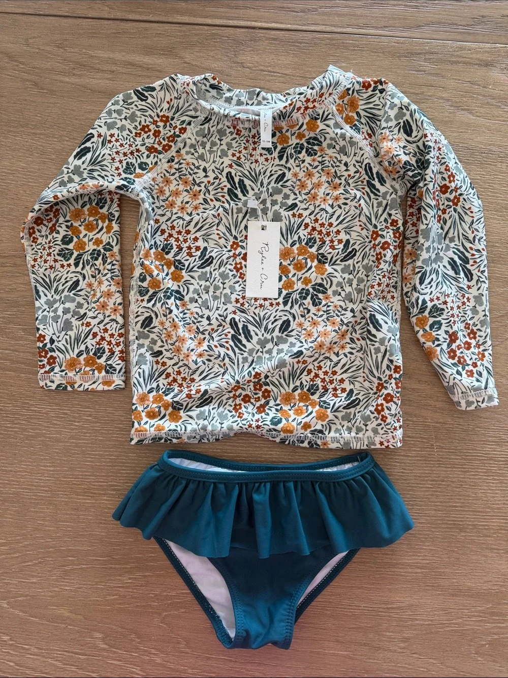 Rylee + Cru Cream Floral Long-Sleeve Rashguard with Teal Bikini Bottom